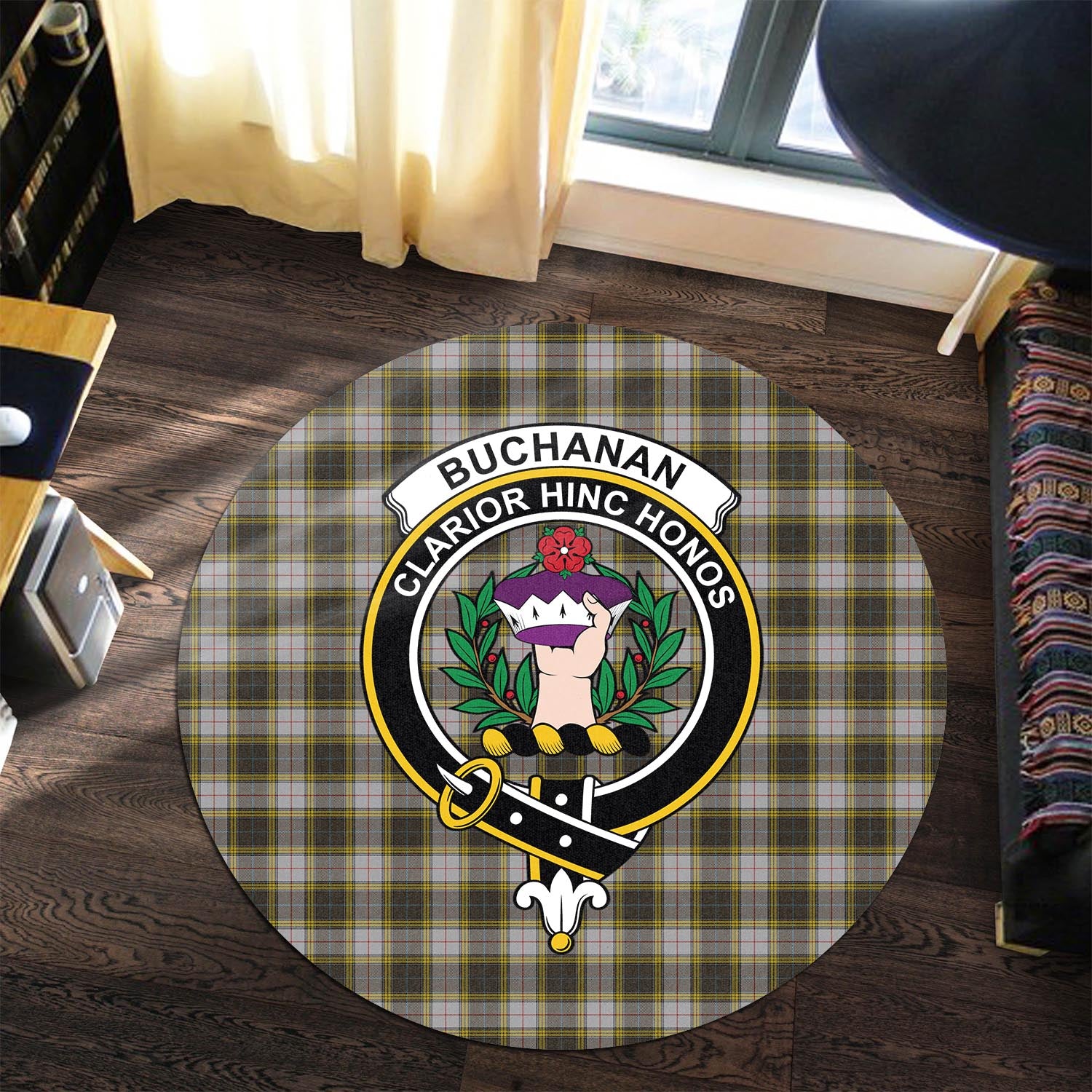 Buchanan Dress Tartan Round Rug with Family Crest - Tartanvibesclothing