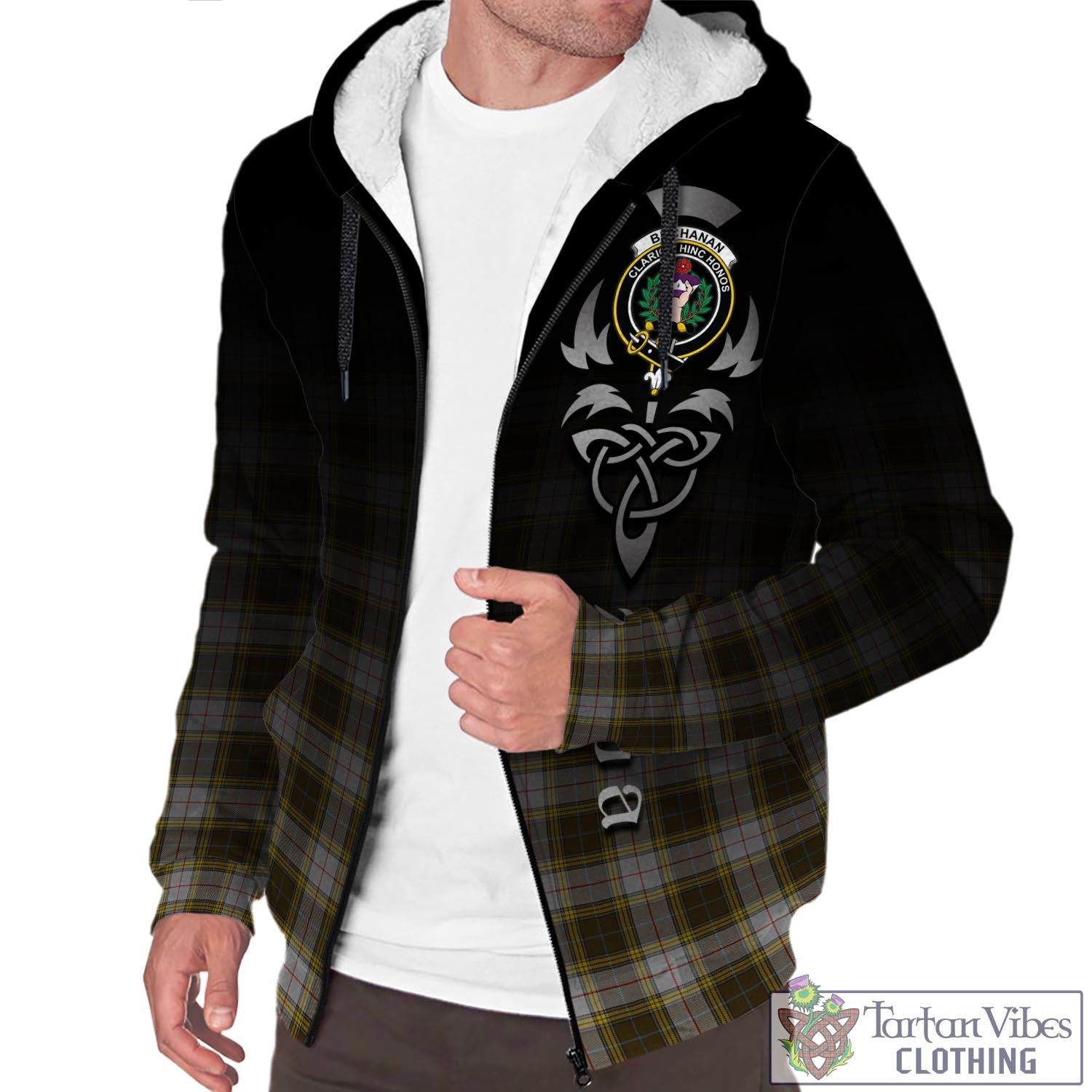 Tartan Vibes Clothing Buchanan Dress Tartan Sherpa Hoodie Featuring Alba Gu Brath Family Crest Celtic Inspired