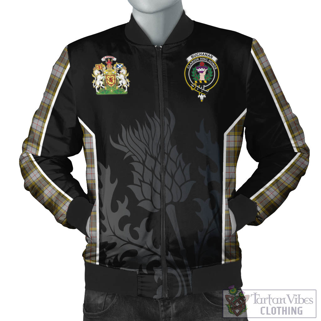 Tartan Vibes Clothing Buchanan Dress Tartan Bomber Jacket with Family Crest and Scottish Thistle Vibes Sport Style