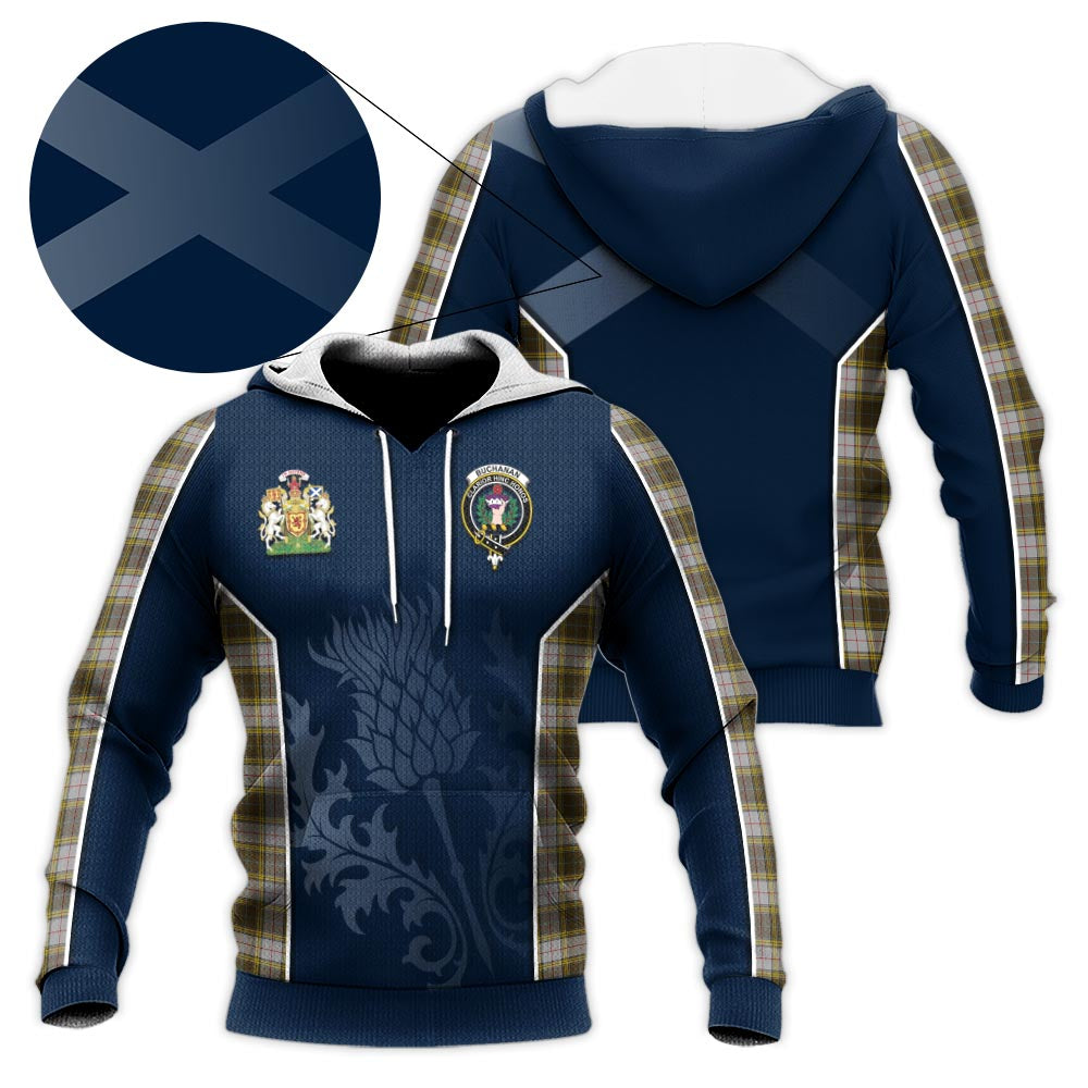 Tartan Vibes Clothing Buchanan Dress Tartan Knitted Hoodie with Family Crest and Scottish Thistle Vibes Sport Style