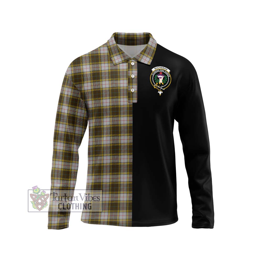 Buchanan Dress Tartan Long Sleeve Polo Shirt with Family Crest and Half Of Me Style Unisex - Tartanvibesclothing Shop