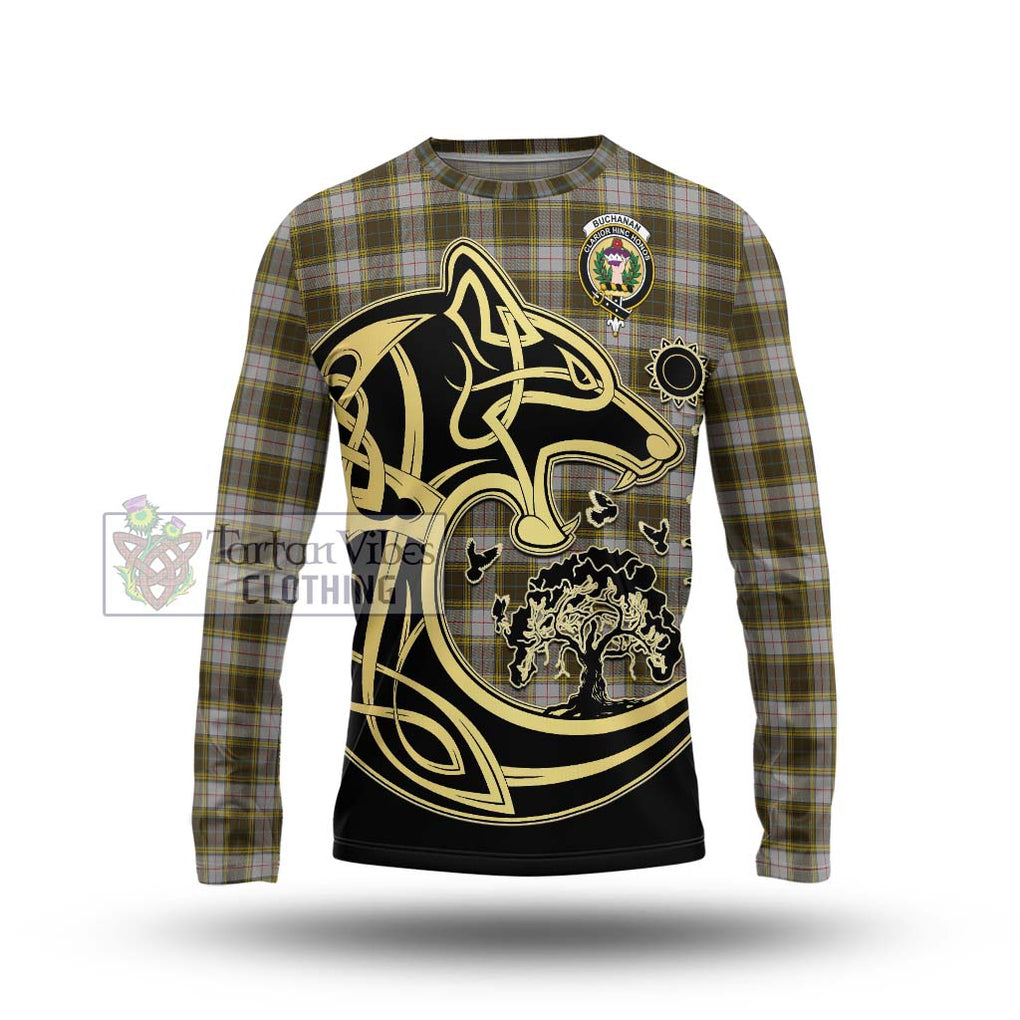 Buchanan Dress Tartan Long Sleeve T-Shirt with Family Crest Celtic Wolf Style Unisex - Tartan Vibes Clothing