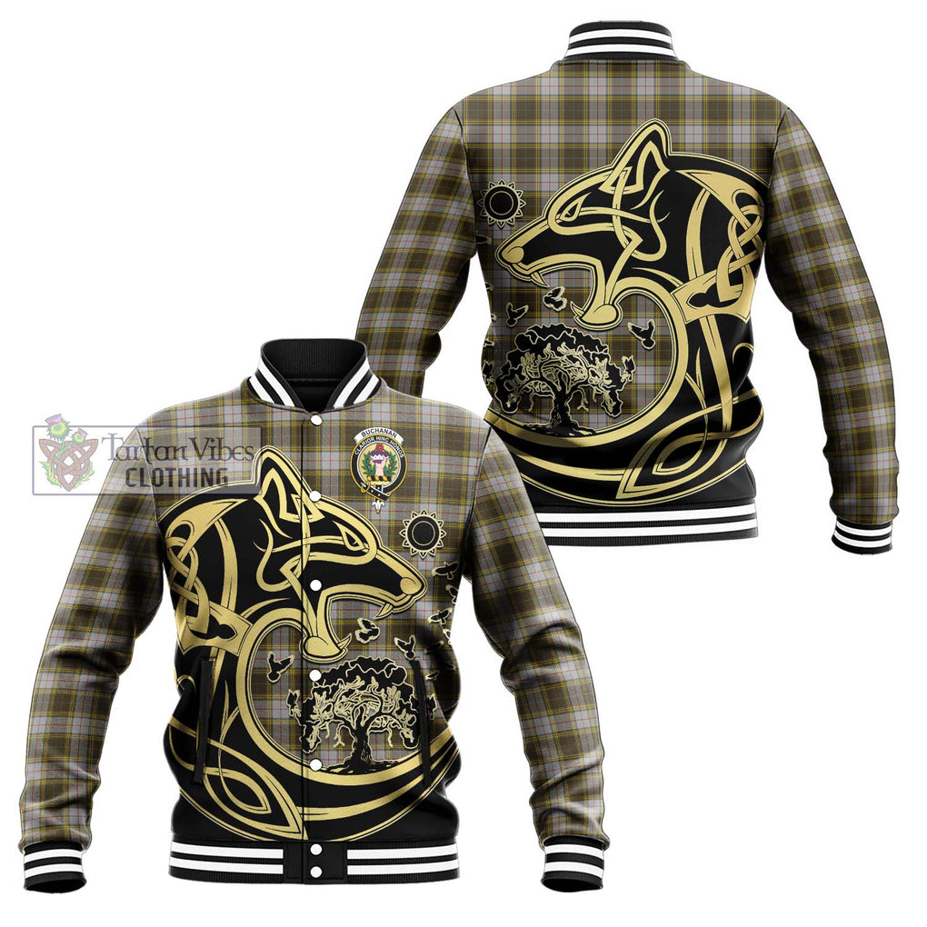 Buchanan Dress Tartan Baseball Jacket with Family Crest Celtic Wolf Style Unisex - Tartan Vibes Clothing