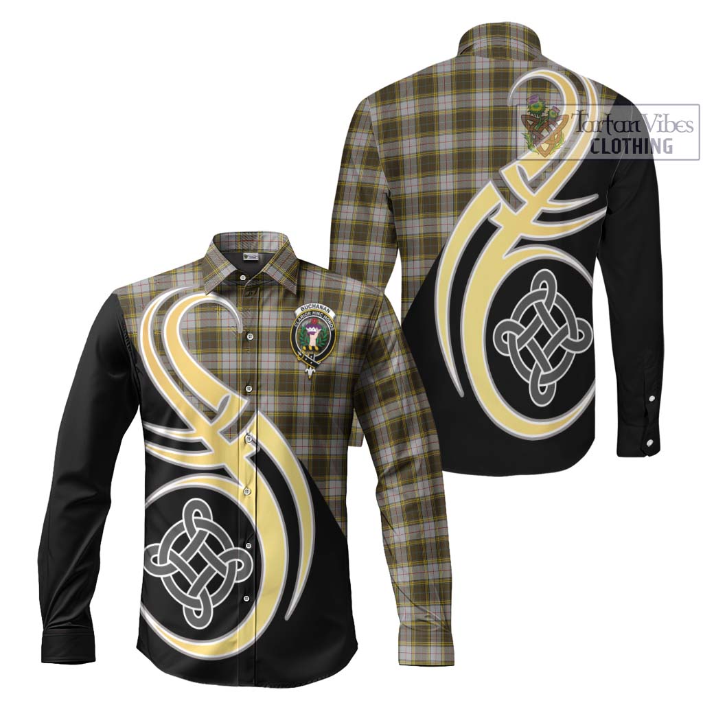 Buchanan Dress Tartan Long Sleeve Button Shirt with Family Crest and Celtic Symbol Style Men's Shirt S - Tartan Vibes Clothing