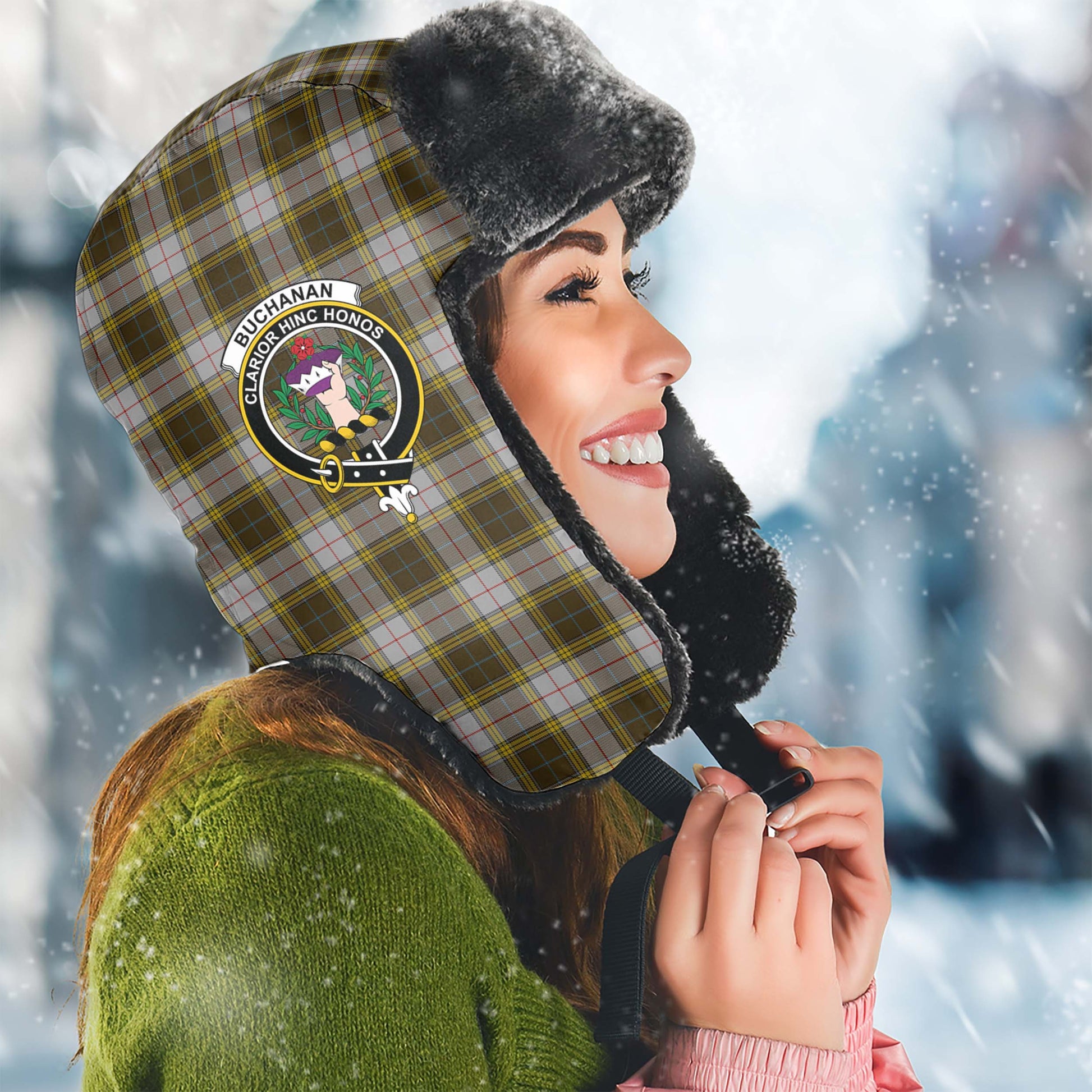 Buchanan Dress Tartan Winter Trapper Hat with Family Crest Winter Trapper Hat Universal Fit Circumference 22.8in (58cm) - Tartanvibesclothing