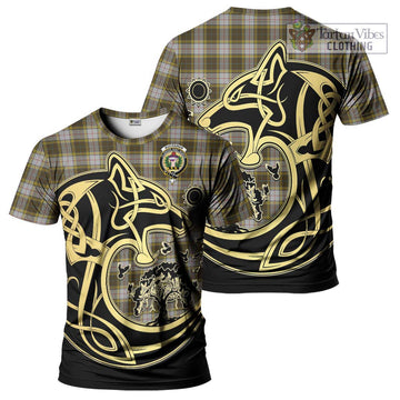 Buchanan Dress Tartan T-Shirt with Family Crest Celtic Wolf Style