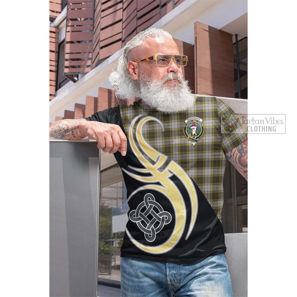 Tartan Vibes Clothing Buchanan Dress Tartan Cotton T-shirt with Family Crest and Celtic Symbol Style