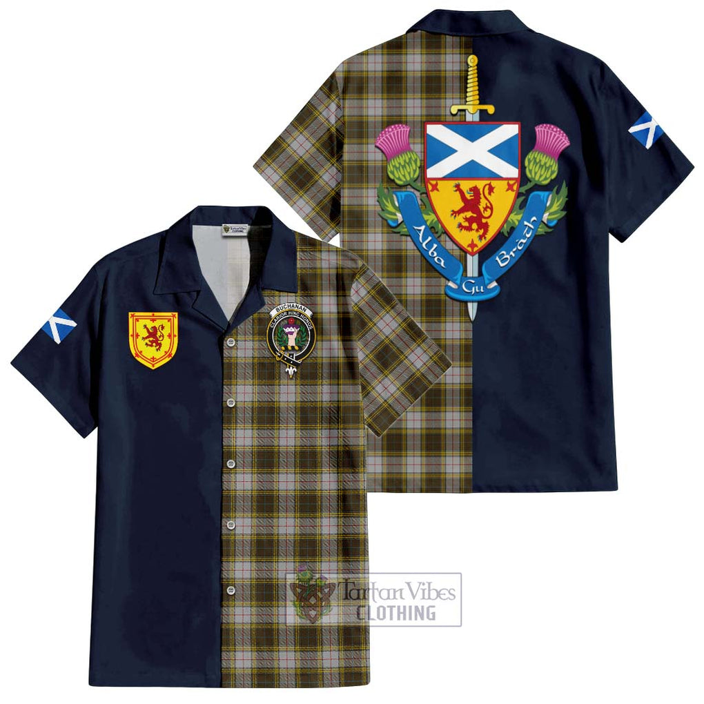 Tartan Vibes Clothing Buchanan Dress Tartan Short Sleeve Button Shirt with Scottish Lion Royal Arm Half Style