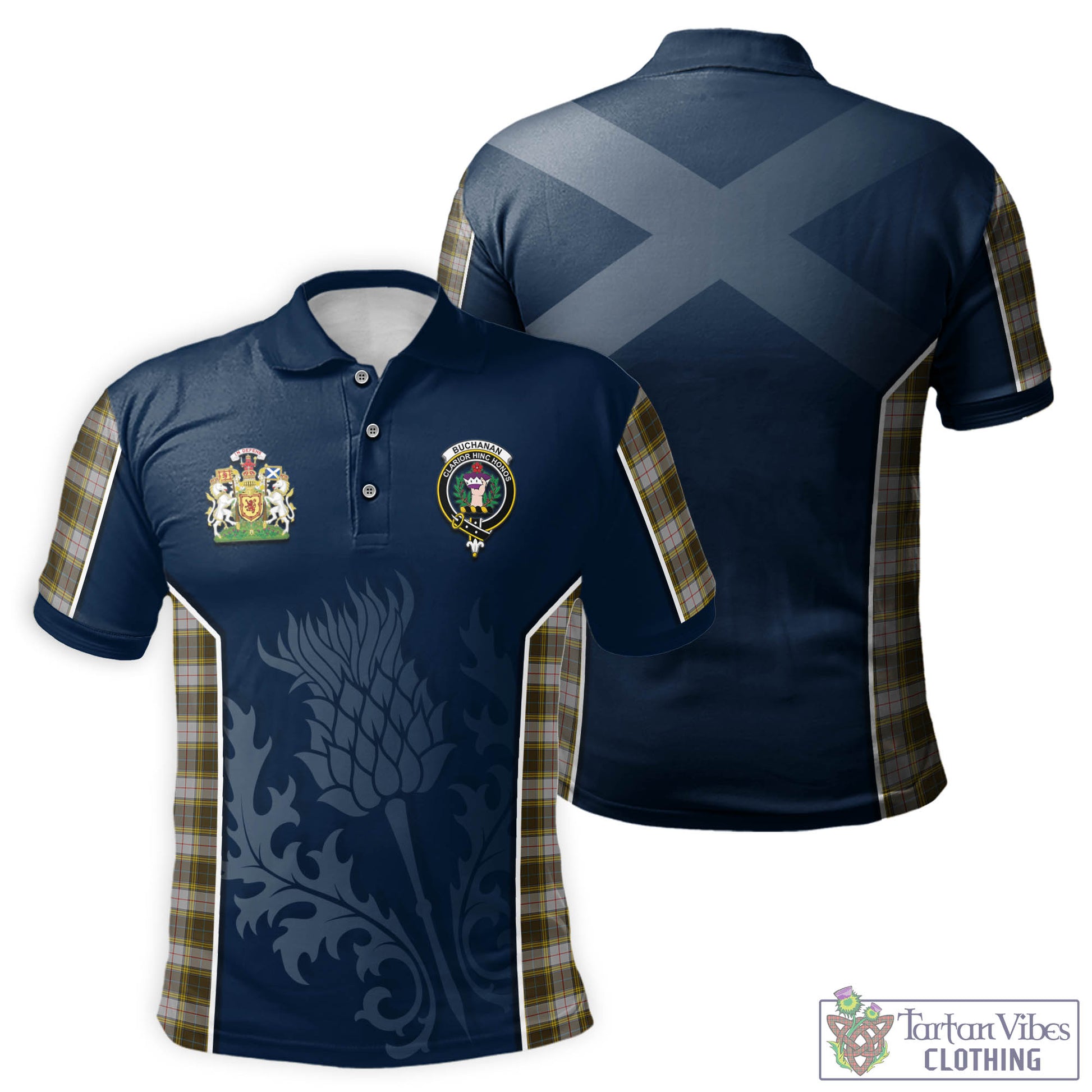 Tartan Vibes Clothing Buchanan Dress Tartan Men's Polo Shirt with Family Crest and Scottish Thistle Vibes Sport Style