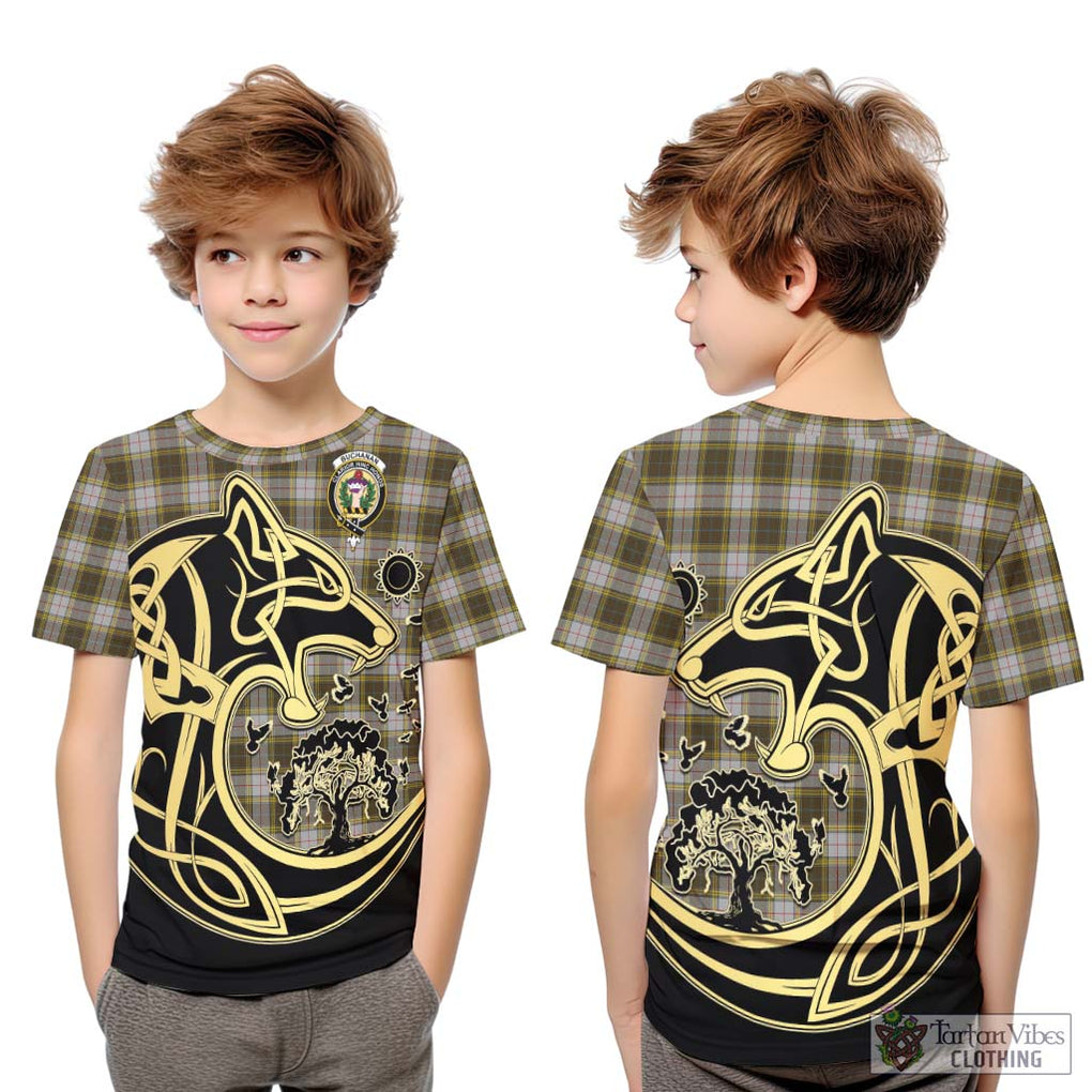 Buchanan Dress Tartan Kid T-Shirt with Family Crest Celtic Wolf Style Youth XL Size14 - Tartan Vibes Clothing