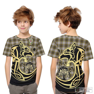 Buchanan Dress Tartan Kid T-Shirt with Family Crest Celtic Wolf Style