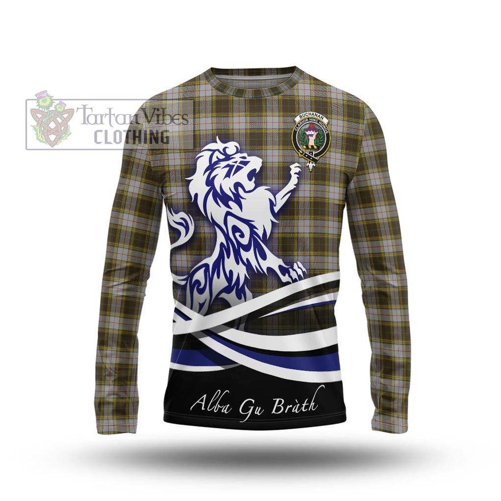 Buchanan Dress Tartan Long Sleeve T-Shirt with Alba Gu Brath Regal Lion Emblem Unisex - Tartanvibesclothing Shop