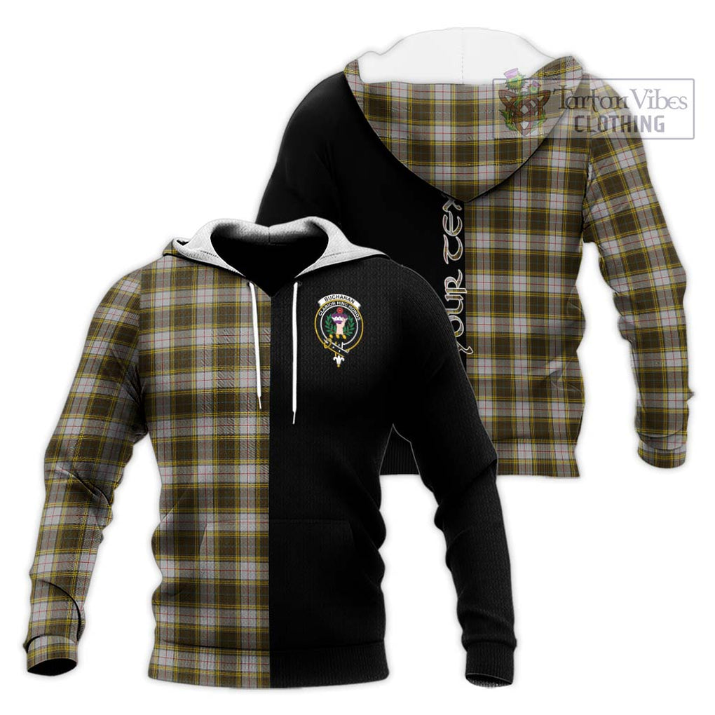 Buchanan Dress Tartan Knitted Hoodie with Family Crest and Half Of Me Style Unisex Knitted Pullover Hoodie - Tartanvibesclothing Shop