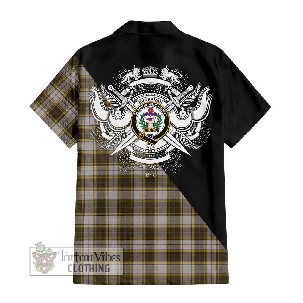 Buchanan Dress Tartan Short Sleeve Button Shirt with Family Crest and Military Logo Style - Tartanvibesclothing Shop