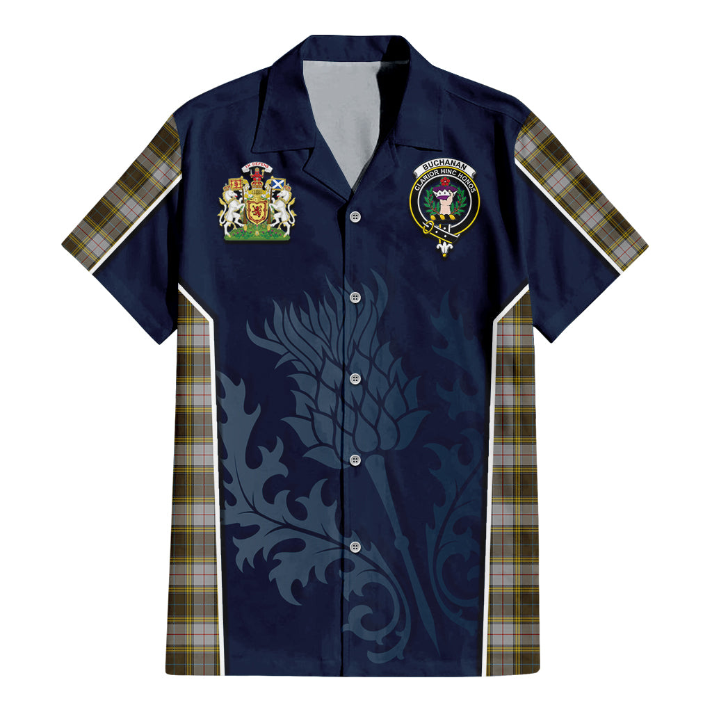 Tartan Vibes Clothing Buchanan Dress Tartan Short Sleeve Button Up Shirt with Family Crest and Scottish Thistle Vibes Sport Style