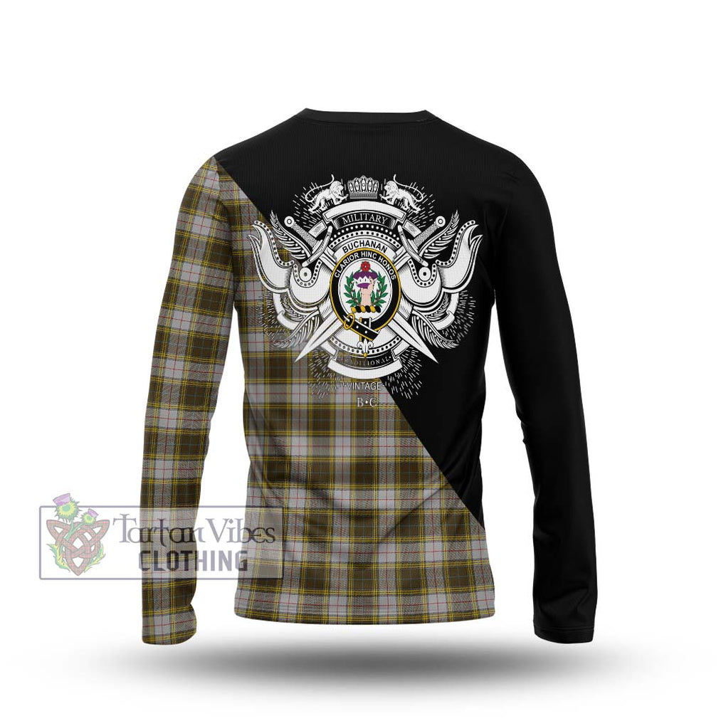 Buchanan Dress Tartan Long Sleeve T-Shirt with Family Crest and Military Logo Style - Tartanvibesclothing Shop