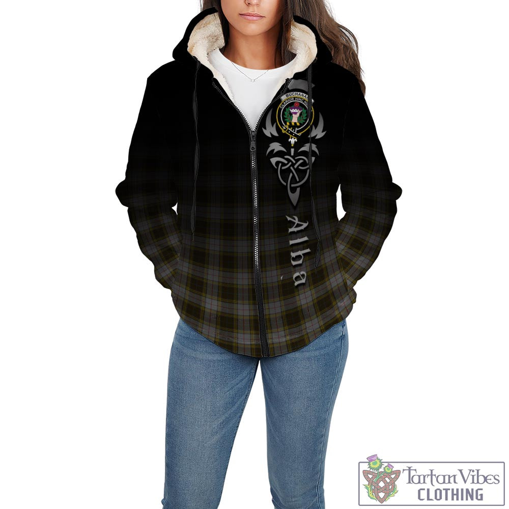 Tartan Vibes Clothing Buchanan Dress Tartan Sherpa Hoodie Featuring Alba Gu Brath Family Crest Celtic Inspired