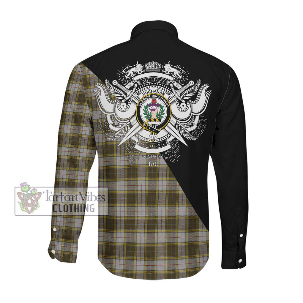 Buchanan Dress Tartan Long Sleeve Button Shirt with Family Crest and Military Logo Style Men's Shirt - Tartanvibesclothing Shop