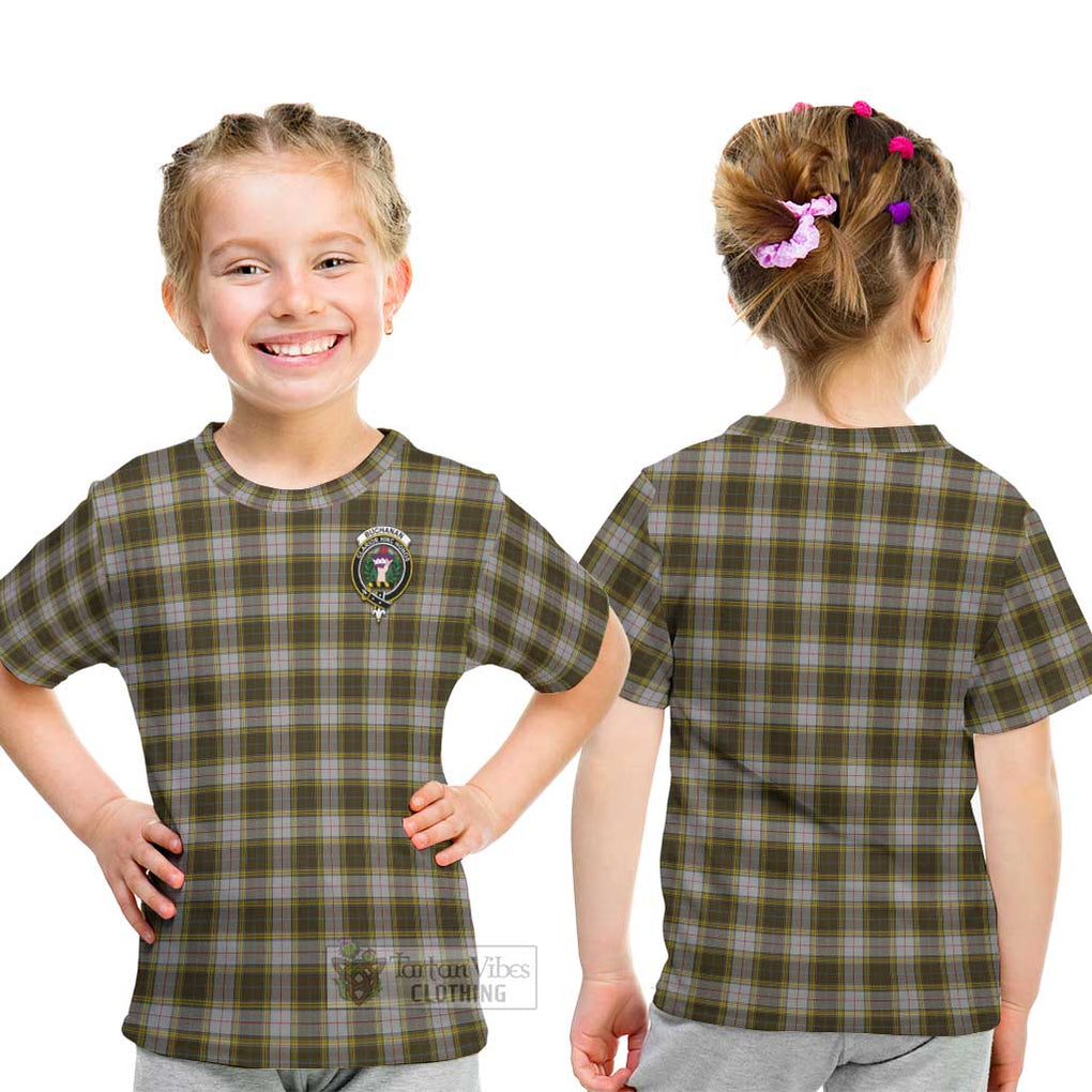 Buchanan Dress Tartan Kid T-Shirt with Family Crest - Tartanvibesclothing Shop