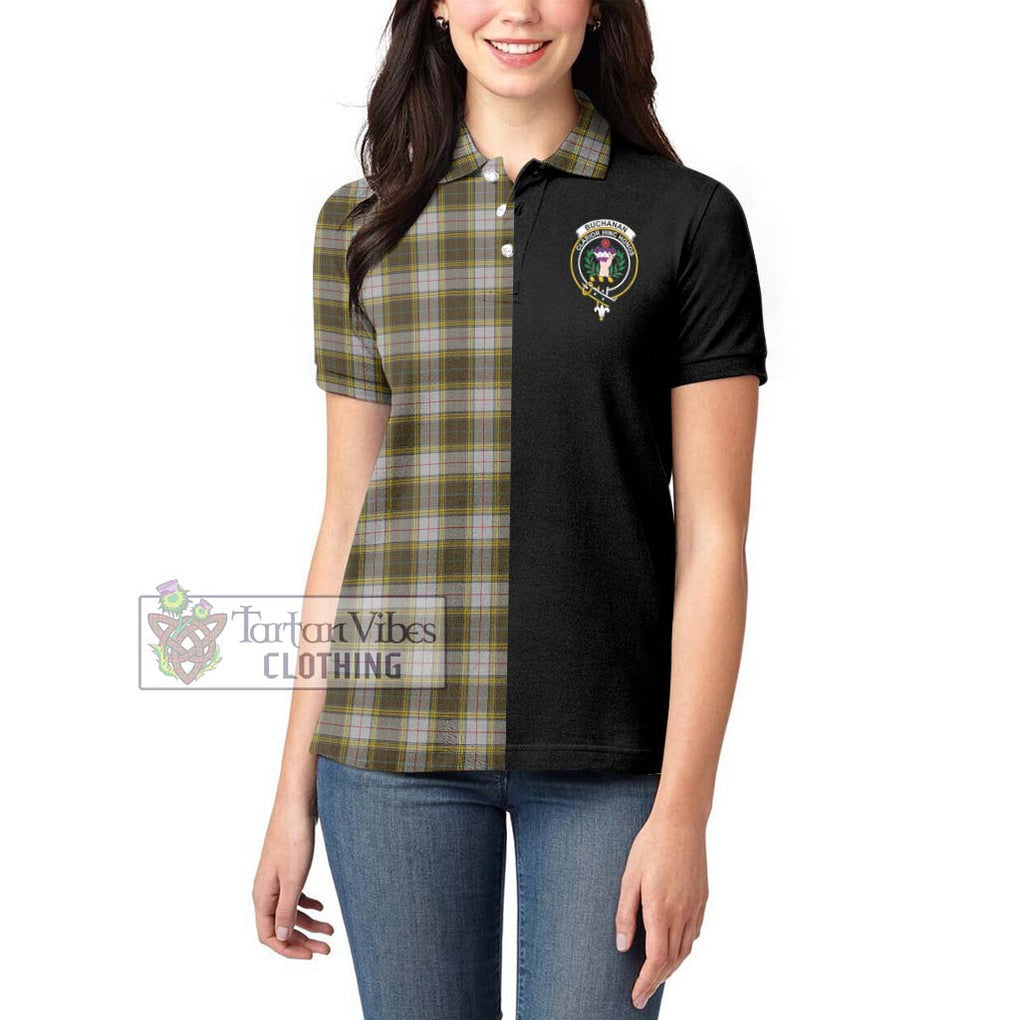 Buchanan Dress Tartan Women's Polo Shirt with Family Crest and Half Of Me Style - Tartanvibesclothing Shop