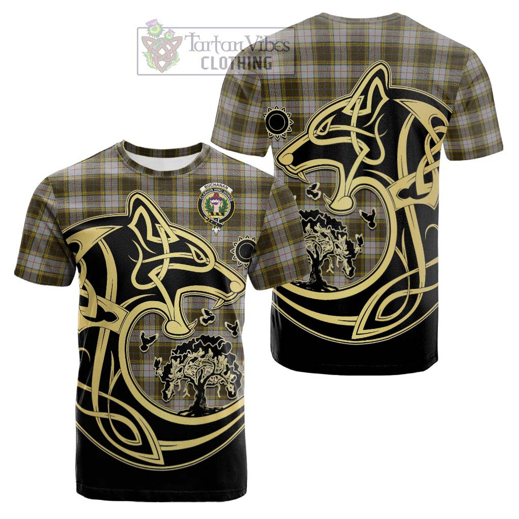 Tartan Vibes Clothing Buchanan Dress Tartan Cotton T-shirt with Family Crest Celtic Wolf Style