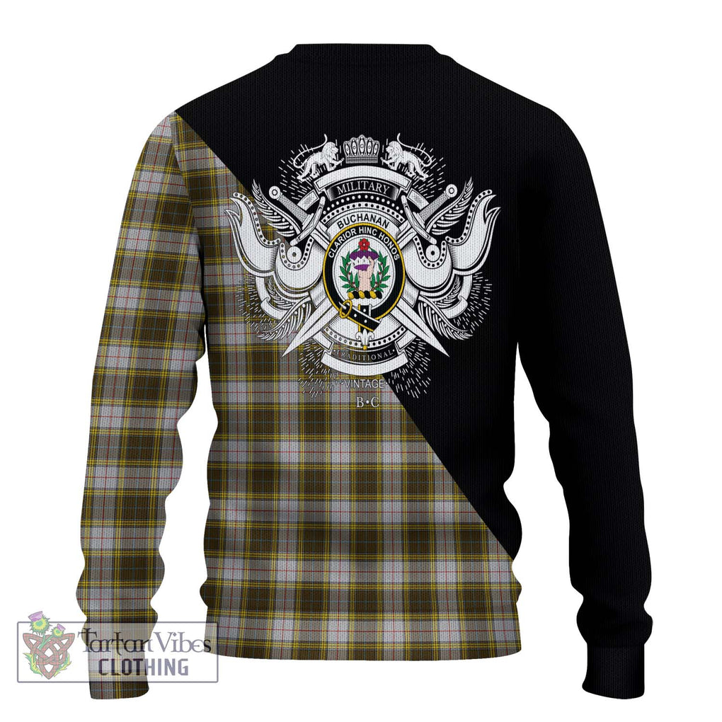 Buchanan Dress Tartan Knitted Sweater with Family Crest and Military Logo Style - Tartanvibesclothing Shop