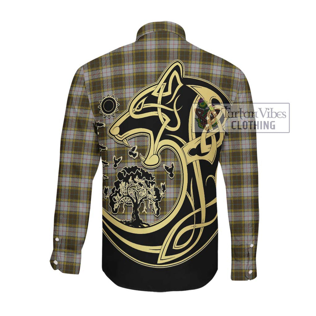 Buchanan Dress Tartan Long Sleeve Button Shirt with Family Crest Celtic Wolf Style Men's Shirt - Tartan Vibes Clothing