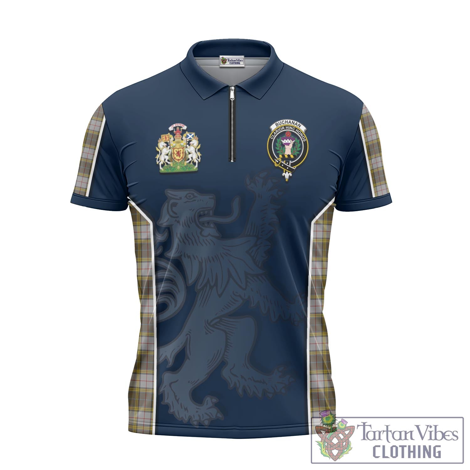 Tartan Vibes Clothing Buchanan Dress Tartan Zipper Polo Shirt with Family Crest and Lion Rampant Vibes Sport Style