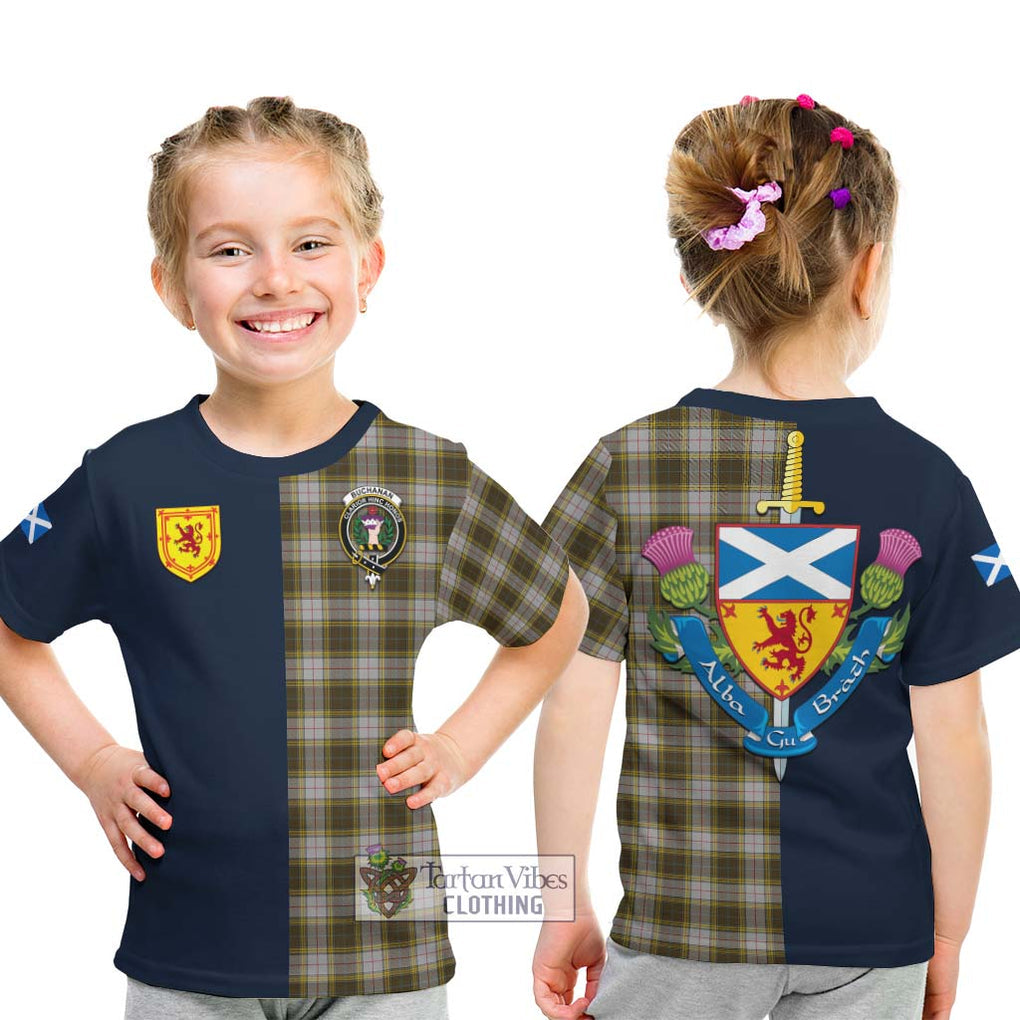 Tartan Vibes Clothing Buchanan Dress Tartan Kid T-Shirt with Scottish Lion Royal Arm Half Style