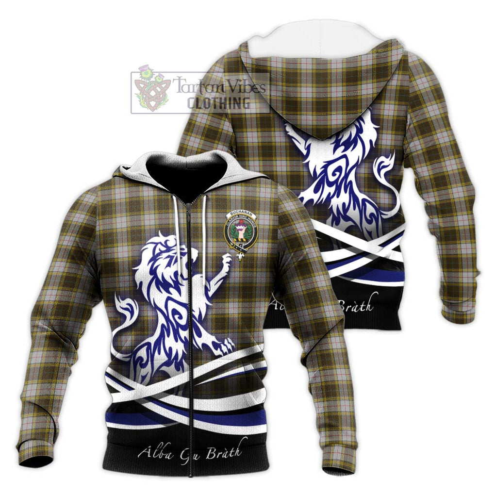 Buchanan Dress Tartan Knitted Hoodie with Alba Gu Brath Regal Lion Emblem Unisex Knitted Zip Hoodie - Tartanvibesclothing Shop