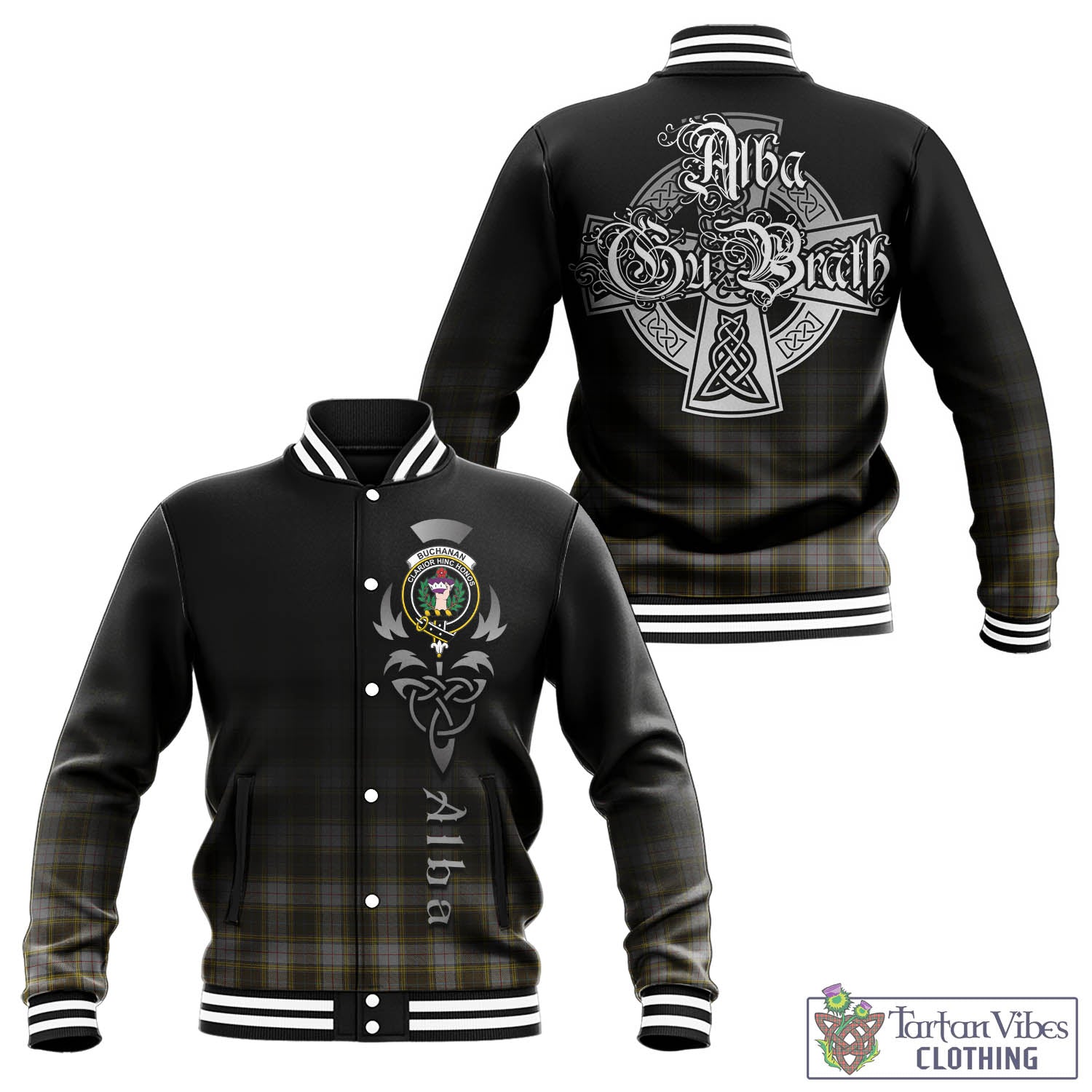 Tartan Vibes Clothing Buchanan Dress Tartan Baseball Jacket Featuring Alba Gu Brath Family Crest Celtic Inspired