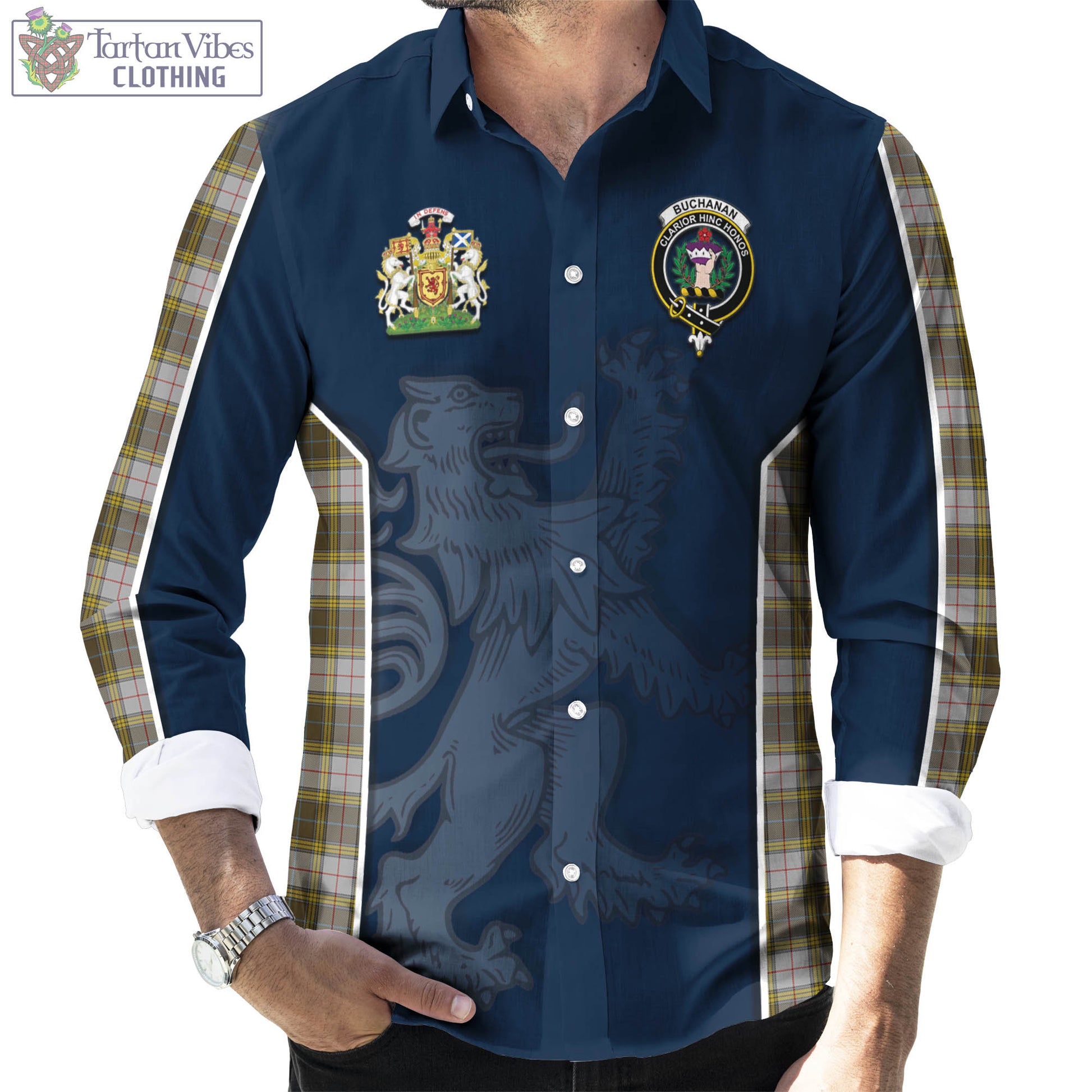 Tartan Vibes Clothing Buchanan Dress Tartan Long Sleeve Button Up Shirt with Family Crest and Lion Rampant Vibes Sport Style