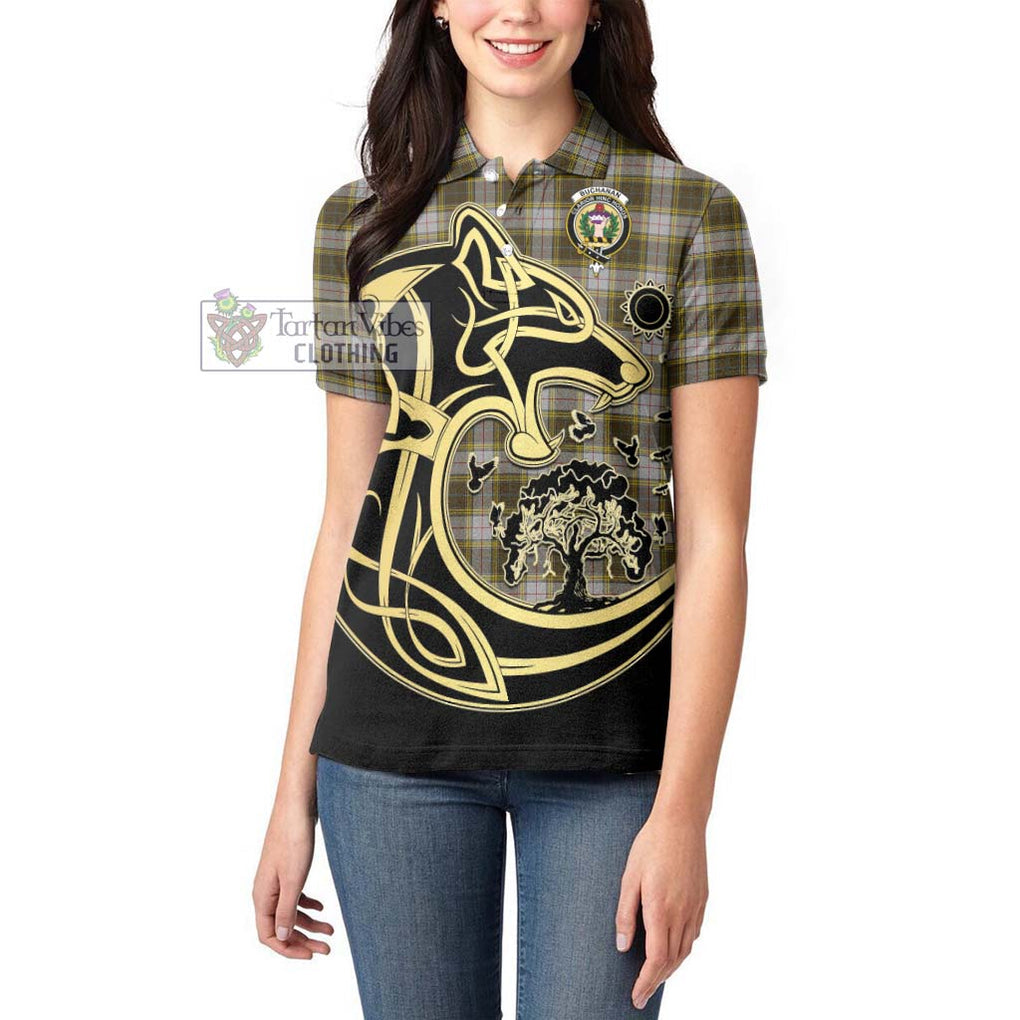 Buchanan Dress Tartan Women's Polo Shirt with Family Crest Celtic Wolf Style - Tartanvibesclothing Shop