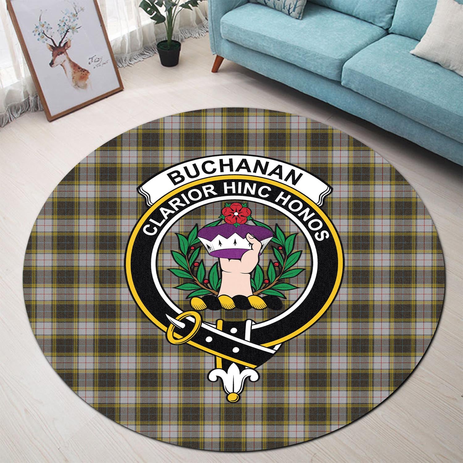 Buchanan Dress Tartan Round Rug with Family Crest - Tartanvibesclothing