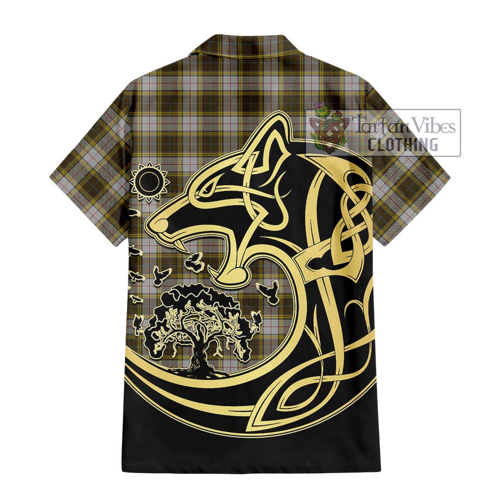 Buchanan Dress Tartan Short Sleeve Button Shirt with Family Crest Celtic Wolf Style - Tartan Vibes Clothing