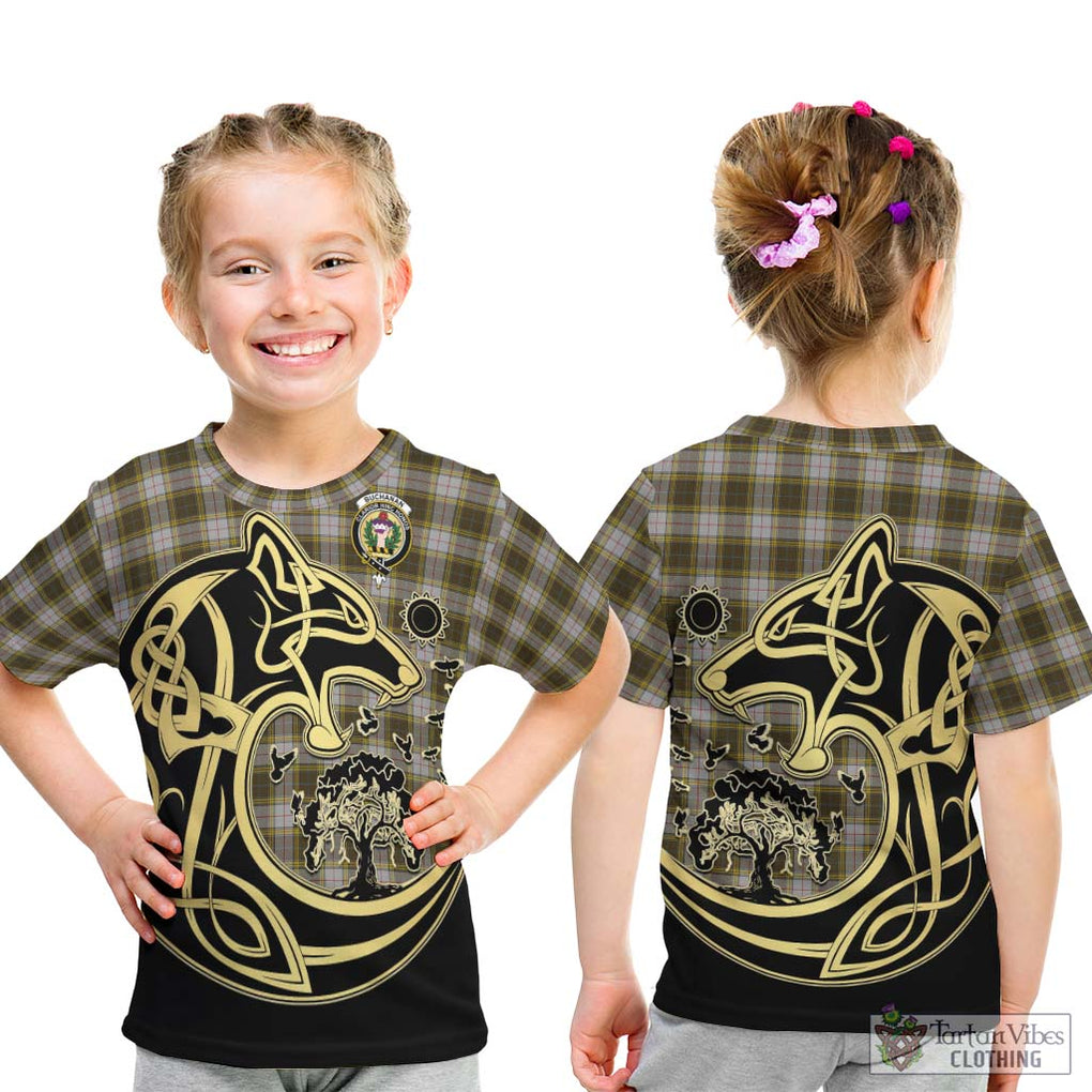 Buchanan Dress Tartan Kid T-Shirt with Family Crest Celtic Wolf Style - Tartan Vibes Clothing