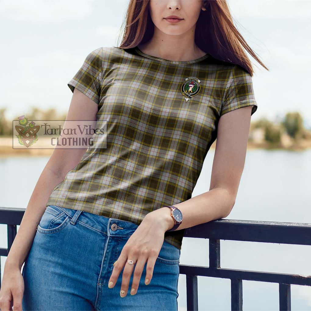 Buchanan Dress Tartan Cotton T-Shirt with Family Crest Women's Shirt - Tartanvibesclothing Shop