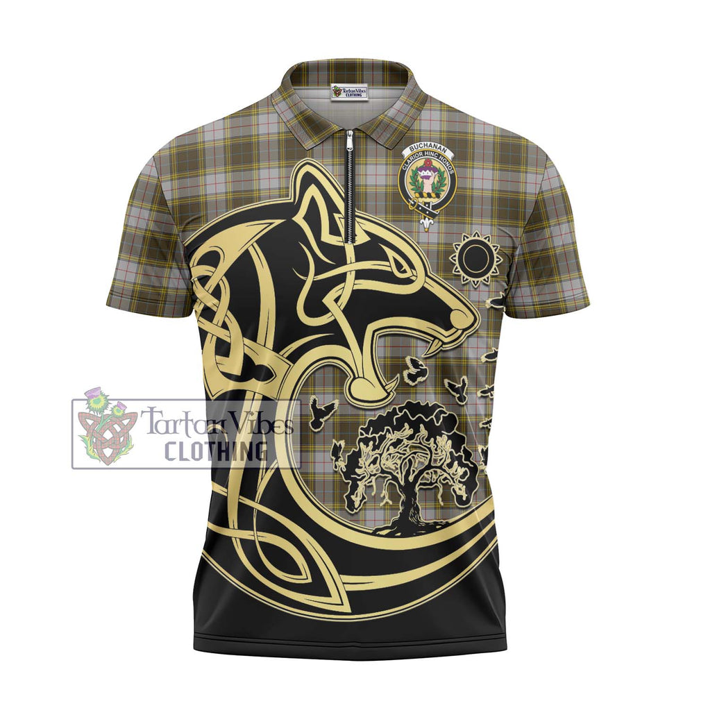 Buchanan Dress Tartan Zipper Polo Shirt with Family Crest Celtic Wolf Style - Tartanvibesclothing Shop