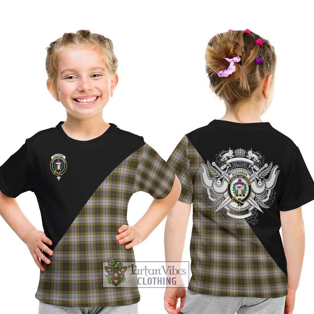 Buchanan Dress Tartan Kid T-Shirt with Family Crest and Military Logo Style - Tartanvibesclothing Shop