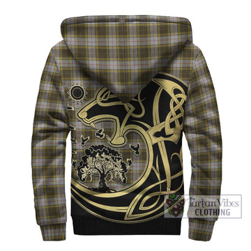 Buchanan Dress Tartan Sherpa Hoodie with Family Crest Celtic Wolf Style