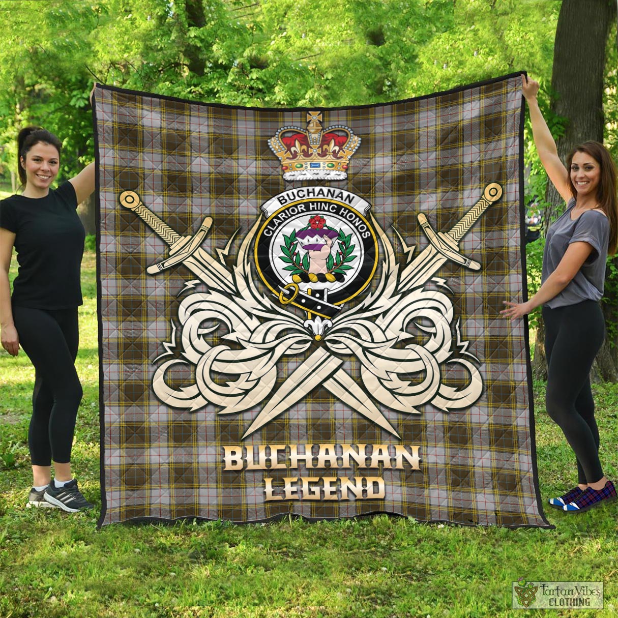 Tartan Vibes Clothing Buchanan Dress Tartan Quilt with Clan Crest and the Golden Sword of Courageous Legacy