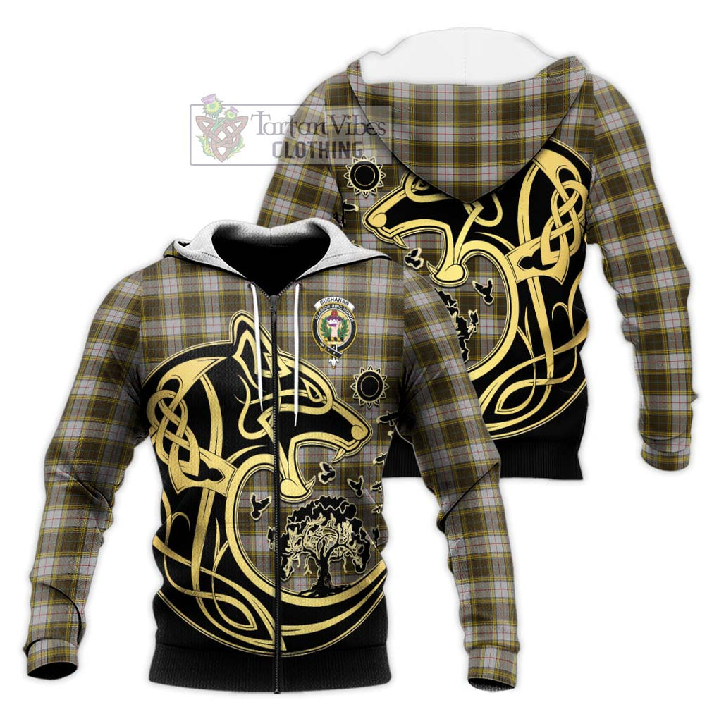 Buchanan Dress Tartan Knitted Hoodie with Family Crest Celtic Wolf Style Unisex Knitted Zip Hoodie - Tartan Vibes Clothing