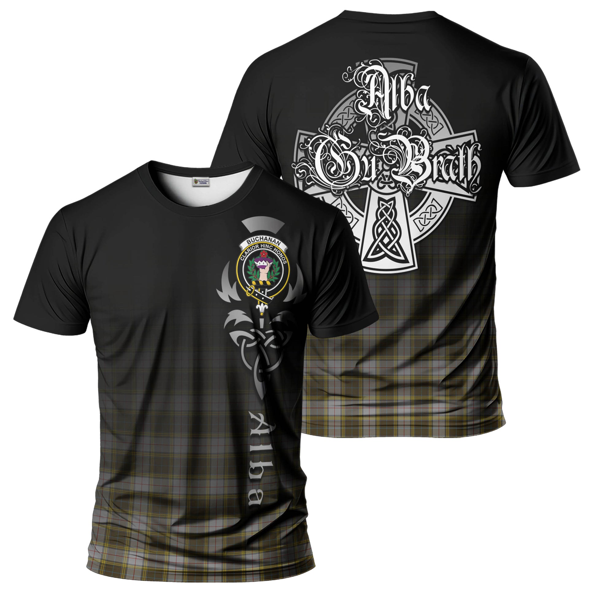 Tartan Vibes Clothing Buchanan Dress Tartan T-Shirt Featuring Alba Gu Brath Family Crest Celtic Inspired