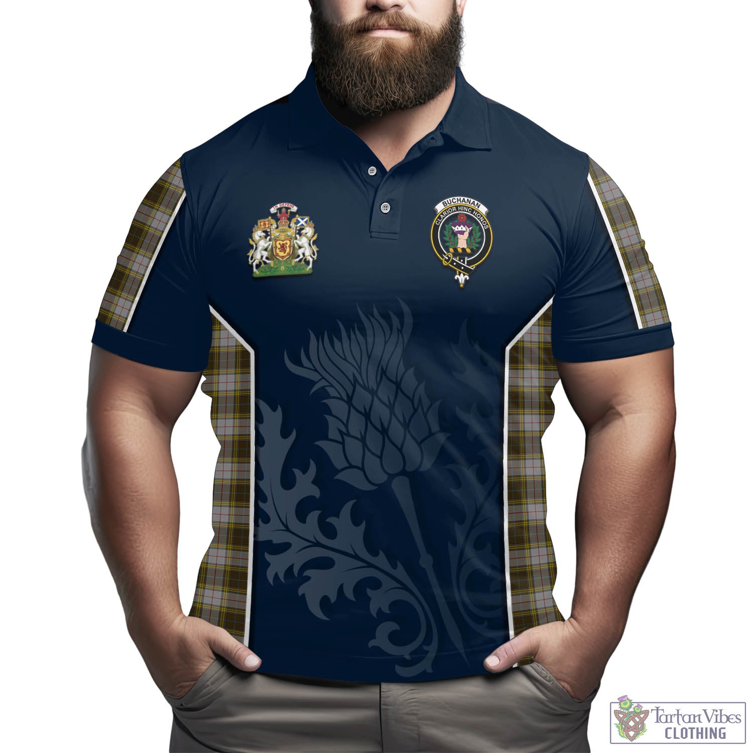 Tartan Vibes Clothing Buchanan Dress Tartan Men's Polo Shirt with Family Crest and Scottish Thistle Vibes Sport Style