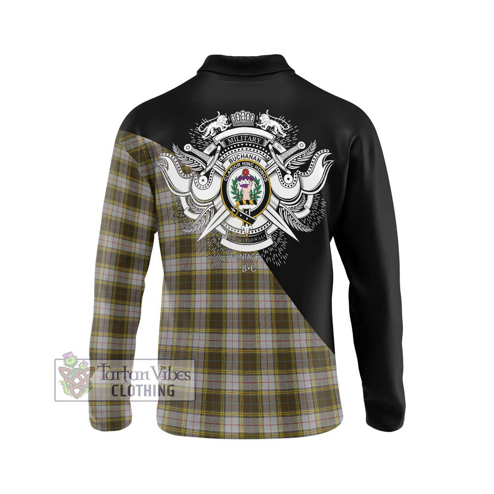 Buchanan Dress Tartan Long Sleeve Polo Shirt with Family Crest and Military Logo Style - Tartanvibesclothing Shop