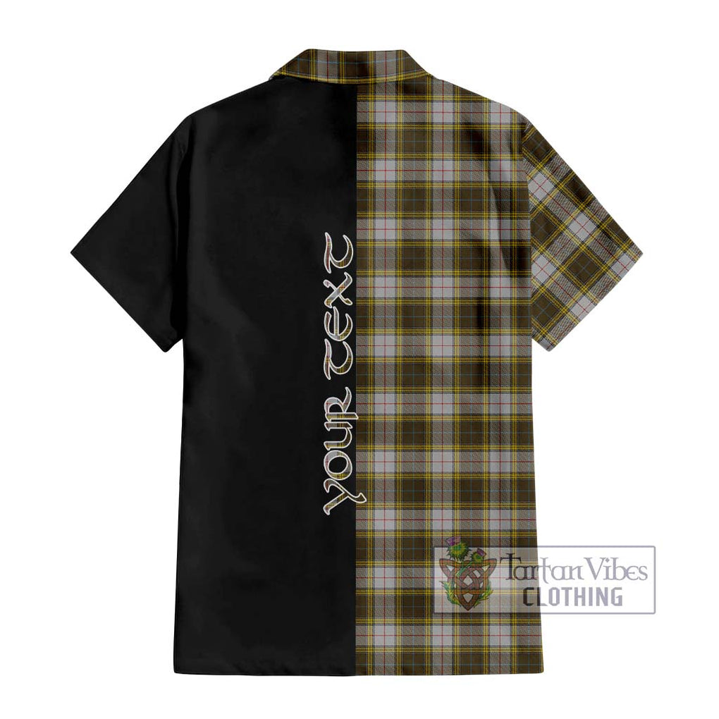 Buchanan Dress Tartan Short Sleeve Button Shirt with Family Crest and Half Of Me Style - Tartanvibesclothing Shop