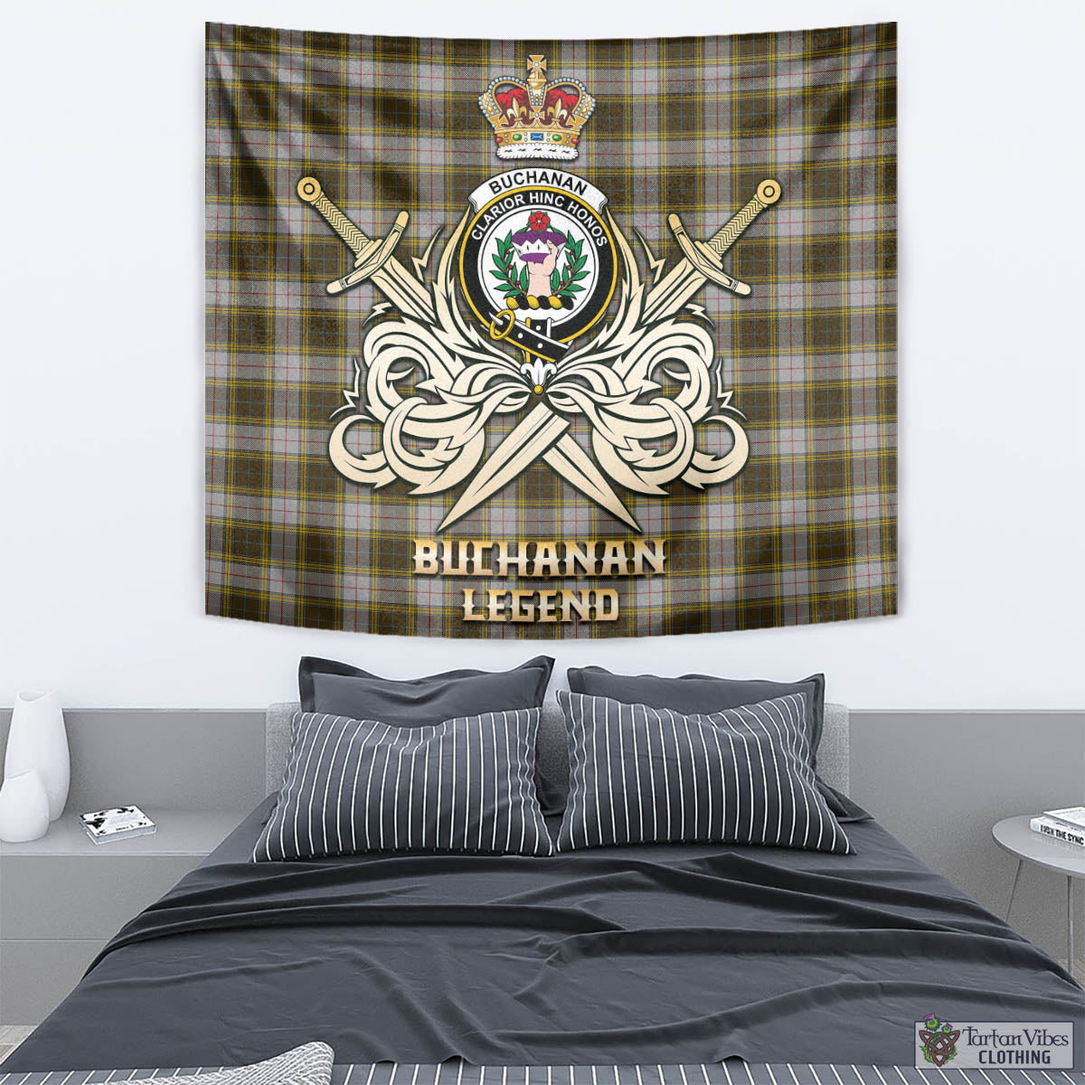 Tartan Vibes Clothing Buchanan Dress Tartan Tapestry with Clan Crest and the Golden Sword of Courageous Legacy