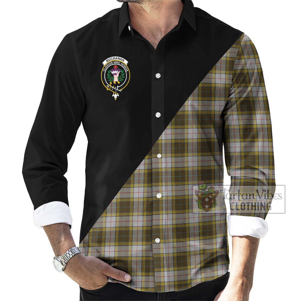 Buchanan Dress Tartan Long Sleeve Button Shirt with Family Crest and Military Logo Style - Tartanvibesclothing Shop