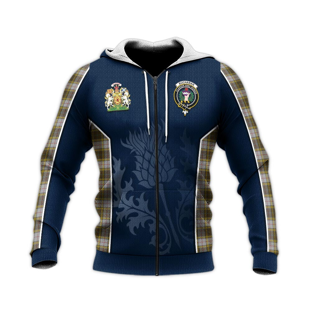 Tartan Vibes Clothing Buchanan Dress Tartan Knitted Hoodie with Family Crest and Scottish Thistle Vibes Sport Style