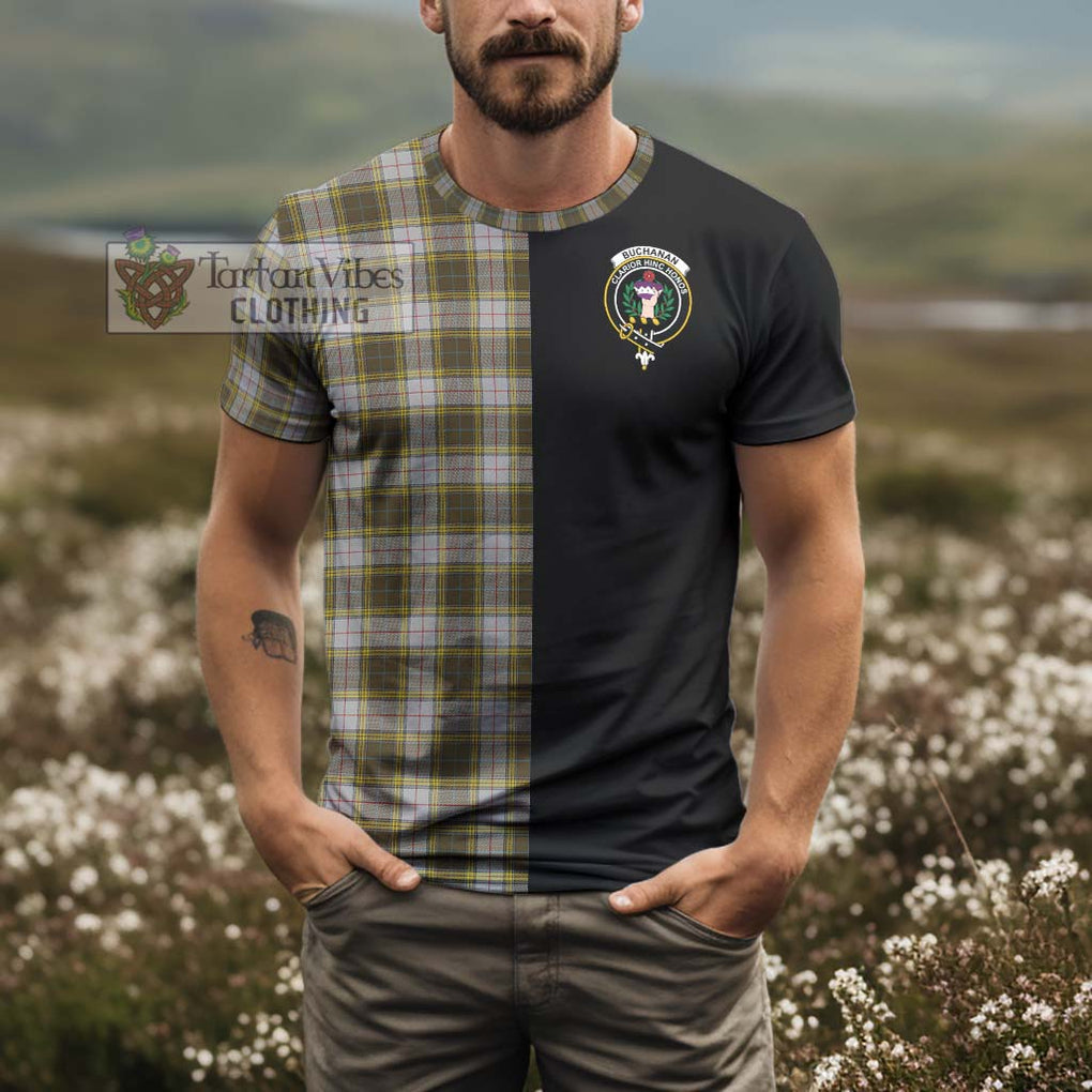 Buchanan Dress Tartan T-Shirt with Family Crest and Half Of Me Style - Tartanvibesclothing Shop